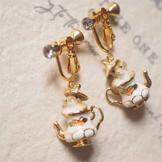 Chipmunk In Teapot - Elegant Funny Necklace & Earrings