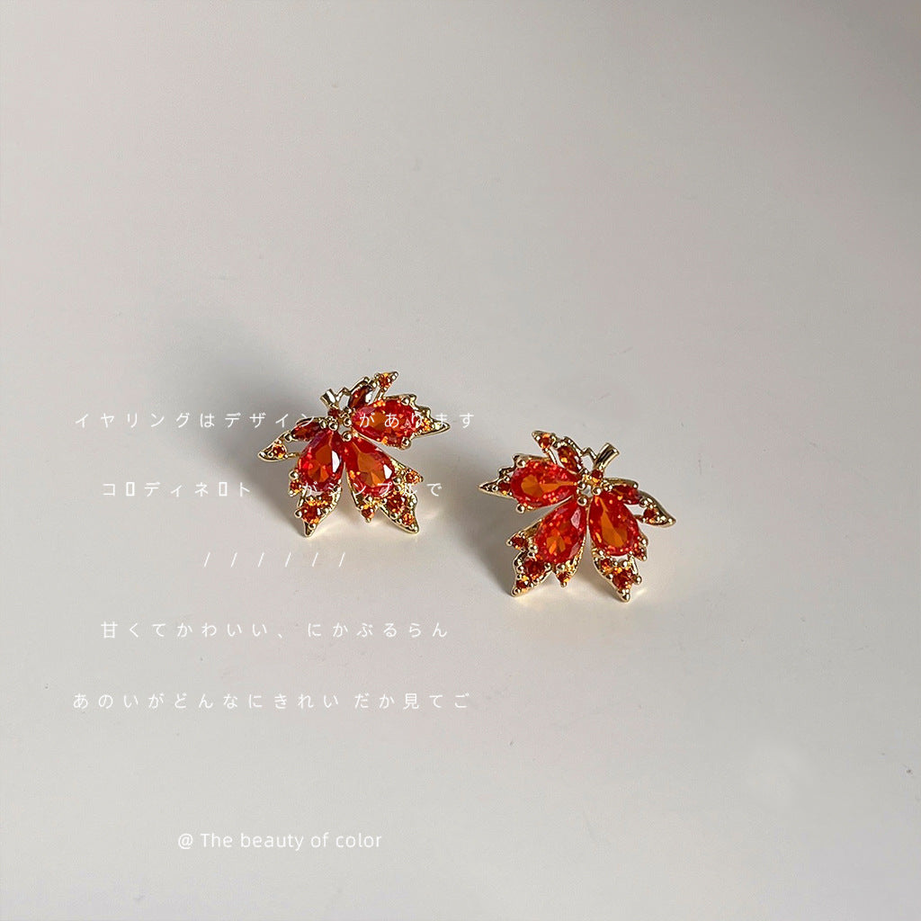 For Love Ones - Red Maple Leaf Rhinestone Stud Drop Dangle Earrings