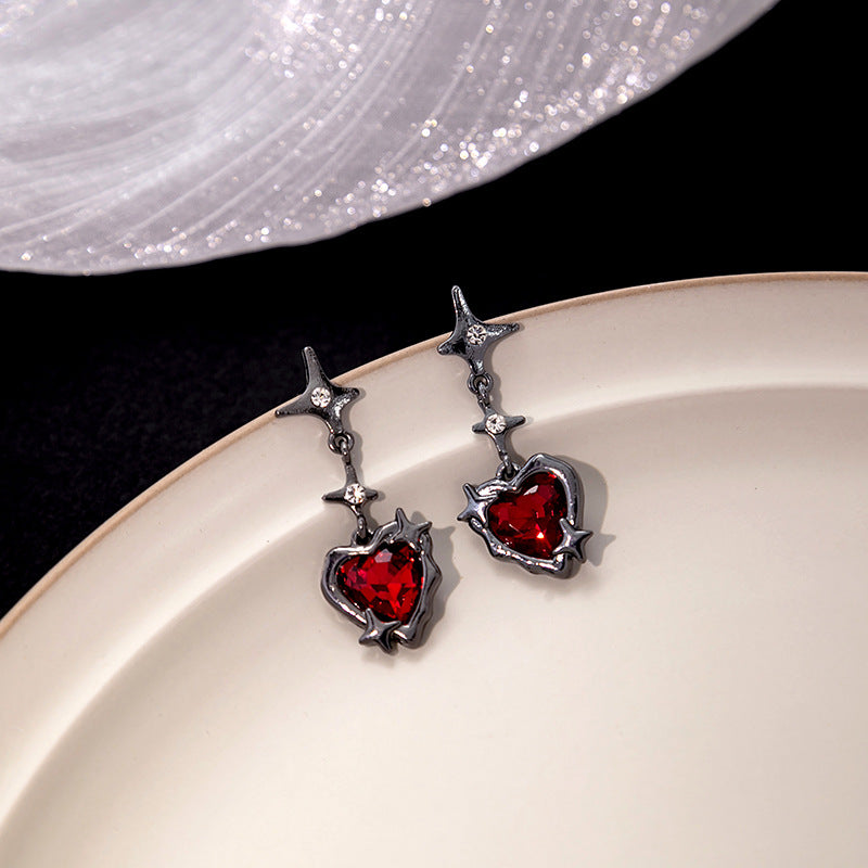 Rhinestone Pointed Star Heart Dangling Earrings