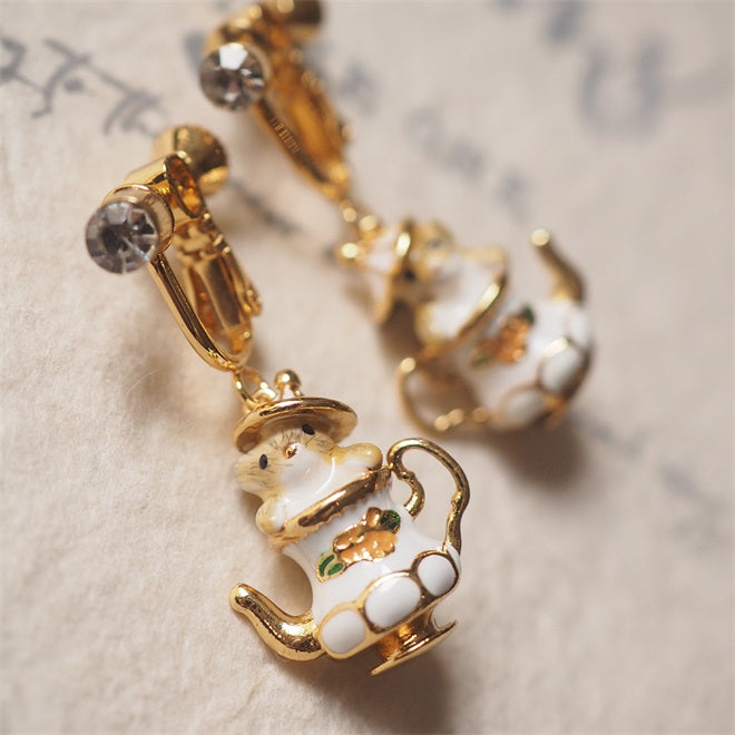 Chipmunk In Teapot - Elegant Funny Necklace & Earrings