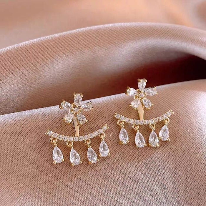 - Zircon Flower Tassel Earrings