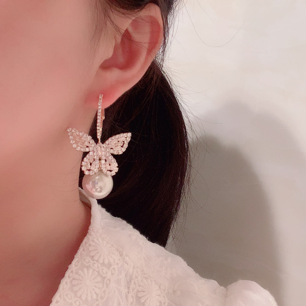 Pearl Zircon Butterfly Earrings