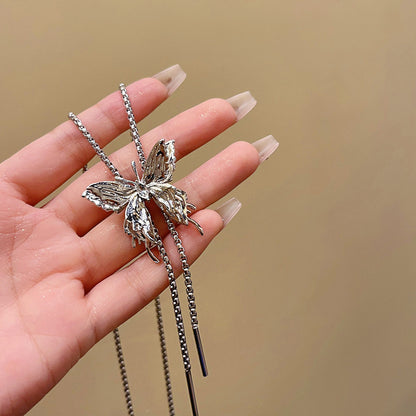 Silver Butterfly Long Chain for Women, Pull-out Personalized Necklace