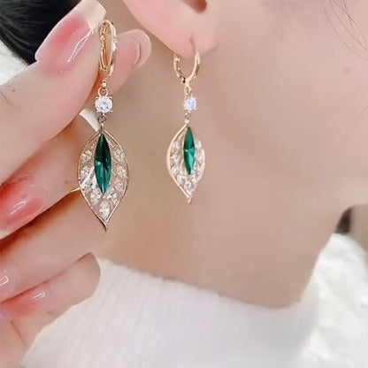 - Green Crystal Leaf Zircon Earrings
