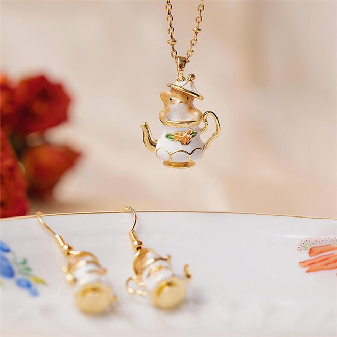 Chipmunk In Teapot - Elegant Funny Necklace & Earrings