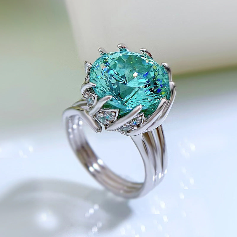 -Adjustable Silver Green Lotus Rings