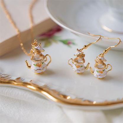Chipmunk In Teapot - Elegant Funny Necklace & Earrings