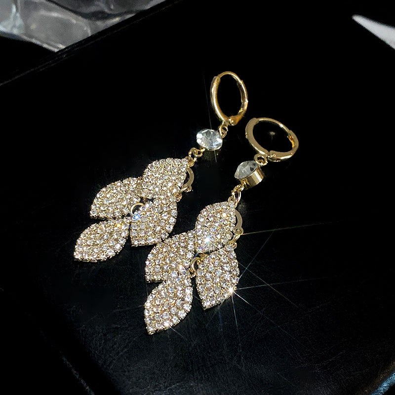 Diamond-Studded Leaves Tassel Earring
