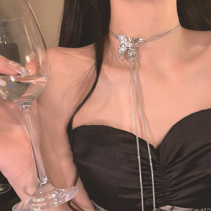 Silver Butterfly Long Chain for Women, Pull-out Personalized Necklace