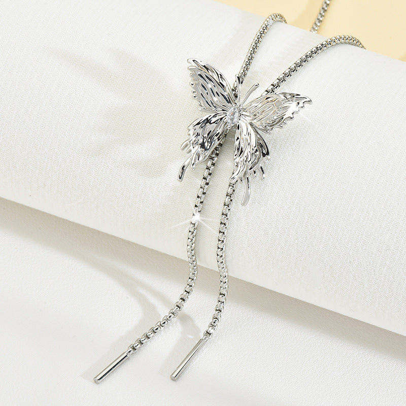 Silver Butterfly Long Chain for Women, Pull-out Personalized Necklace