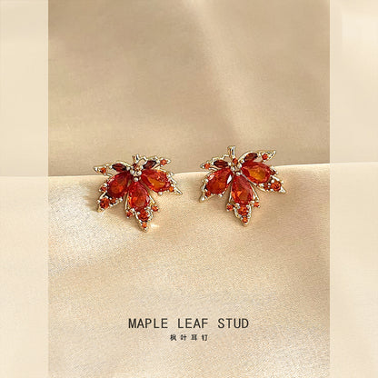 For Love Ones - Red Maple Leaf Rhinestone Stud Drop Dangle Earrings