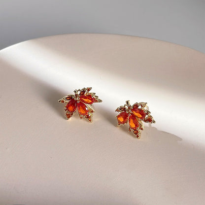 For Love Ones - Red Maple Leaf Rhinestone Stud Drop Dangle Earrings