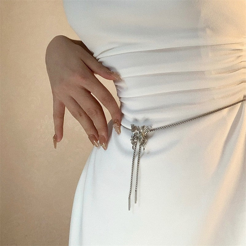 Silver Butterfly Long Chain for Women, Pull-out Personalized Necklace
