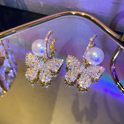 Pearl Zircon Butterfly Earrings