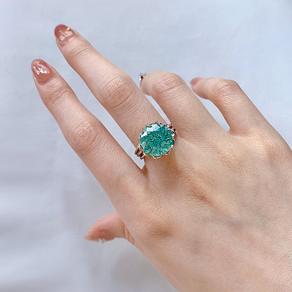 -Adjustable Silver Green Lotus Rings