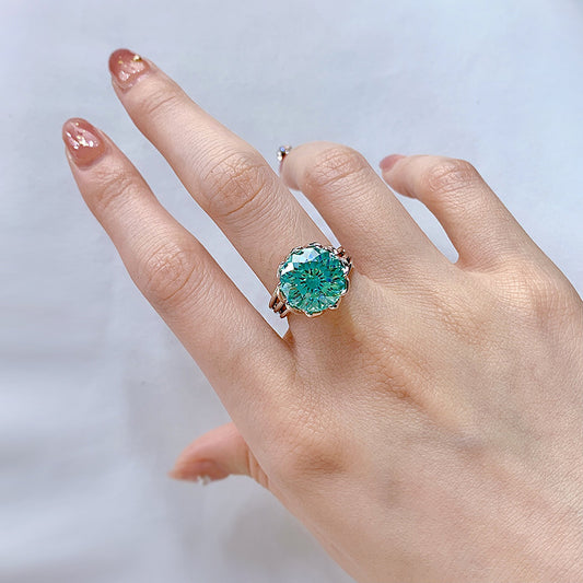 -Adjustable Silver Green Lotus Rings