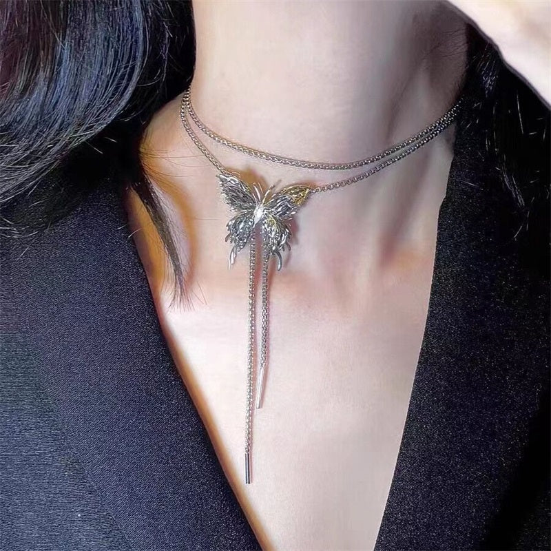Silver Butterfly Long Chain for Women, Pull-out Personalized Necklace
