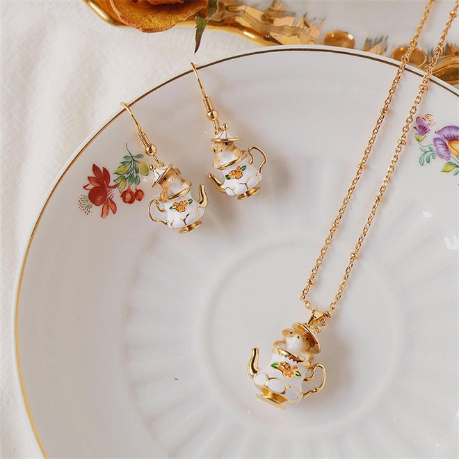 Chipmunk In Teapot - Elegant Funny Necklace & Earrings