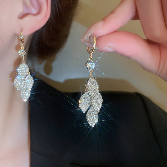 Diamond-Studded Leaves Tassel Earring