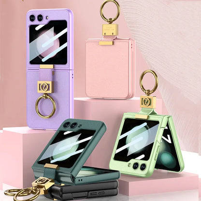 LEATHER CASE WITH Z FINGER RING & LENS GLASS FOR SAMSUNG GALAXY Z FLIP 3/4/5