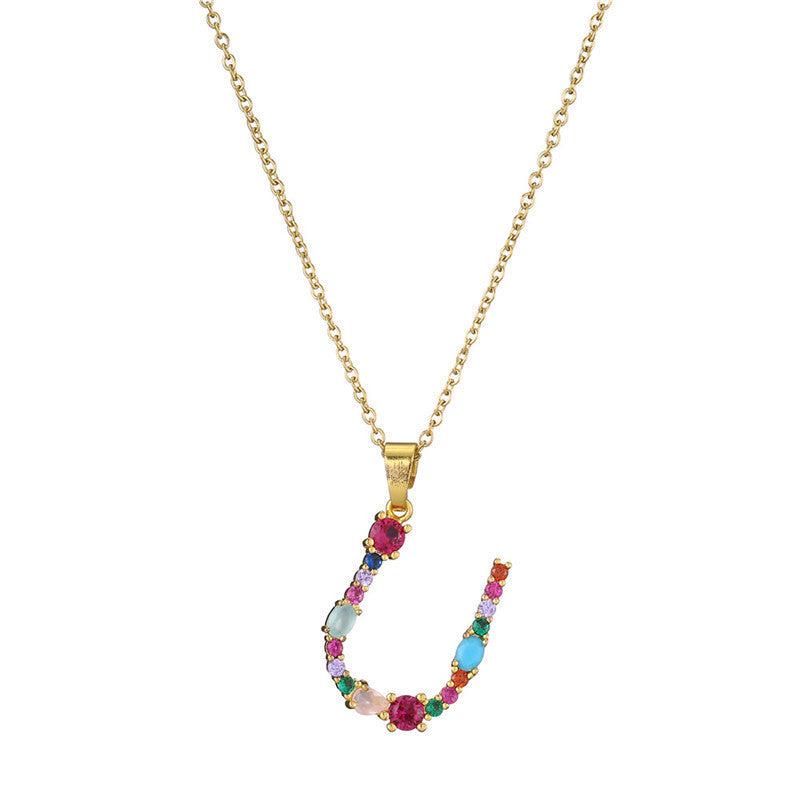 Rainbow Colored Crystal Initial Pendant Necklace