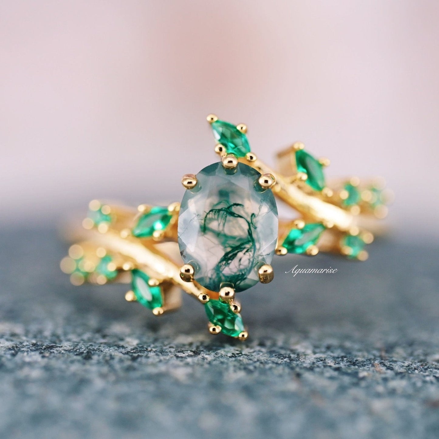 Green Moss Agate & Fire Opal & Gold Leaf Couples Ring