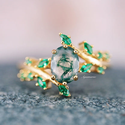 Green Moss Agate & Fire Opal & Gold Leaf Couples Ring