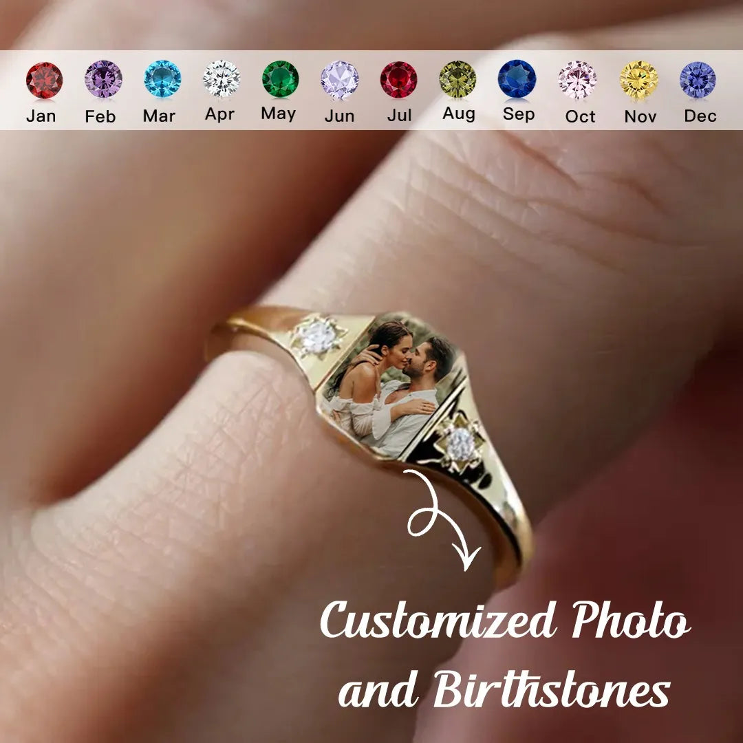 For Love-Personalized Couple Photo Birthstone Custom Ring