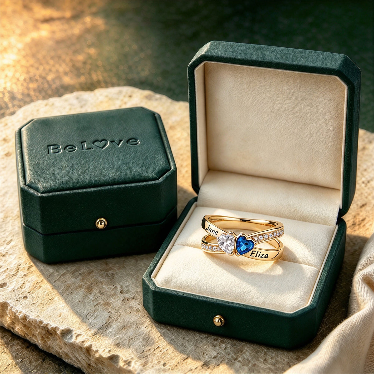 Mother&Daughter Custom Double Heart Birthstone&Name Ring