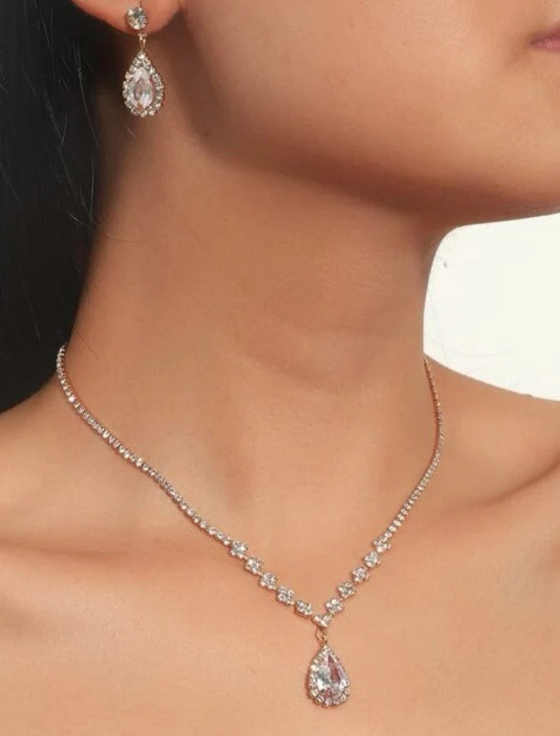 Crystal Wedding Water Drop Pendant Necklace and Earrings Set