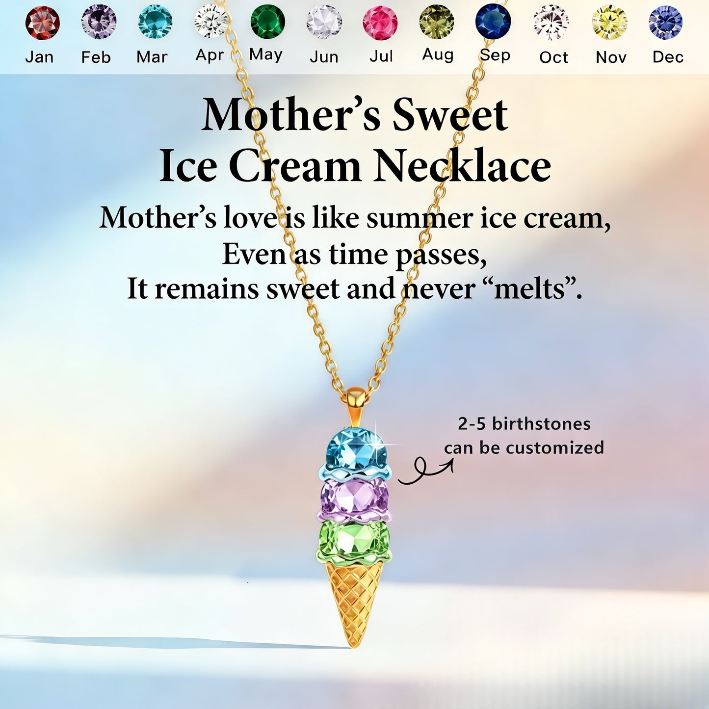 Mother's  Sweet Ice Cream Custom Birthstones Necklace