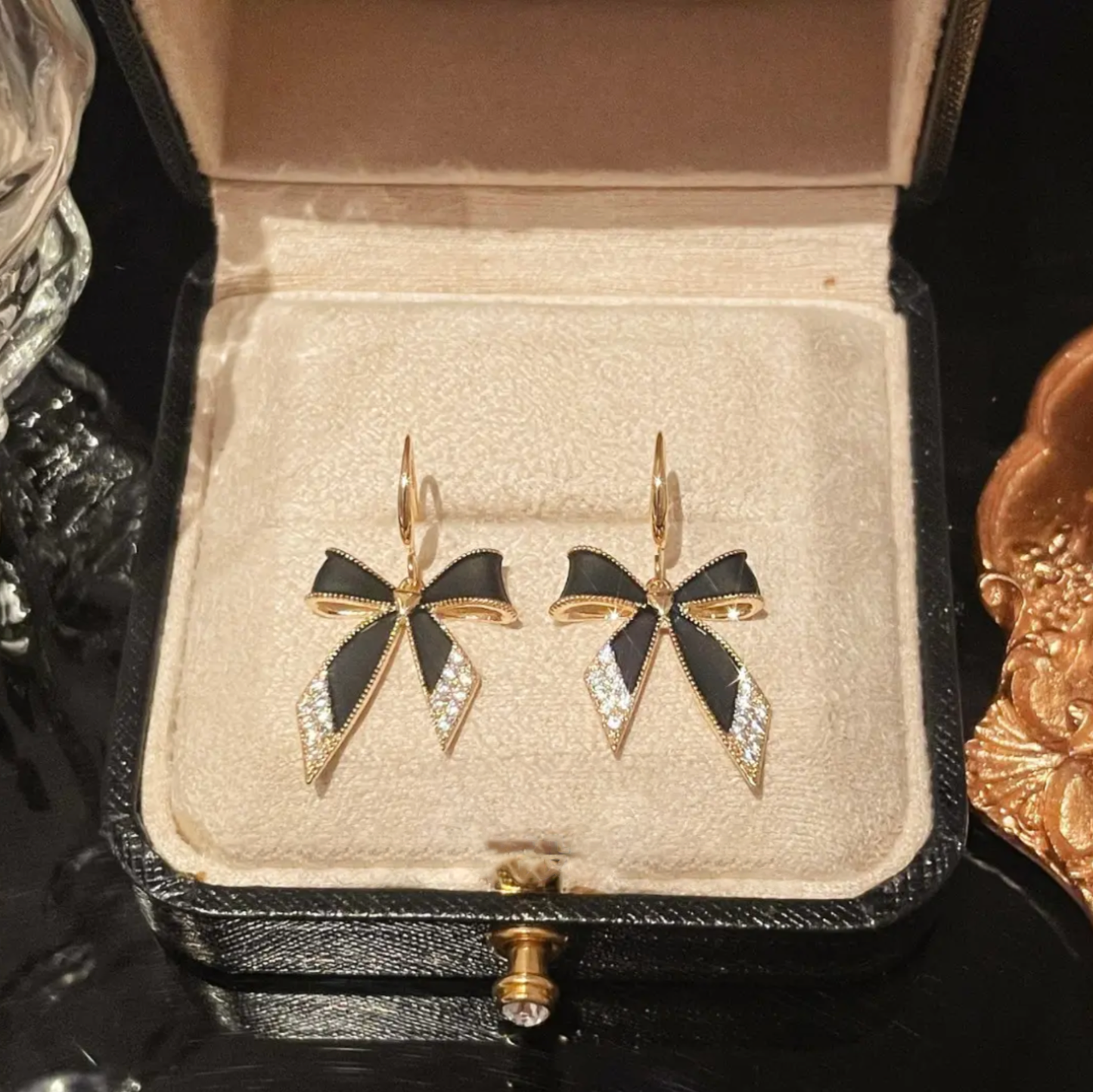 Crystal Elegant Black Bow Earrings