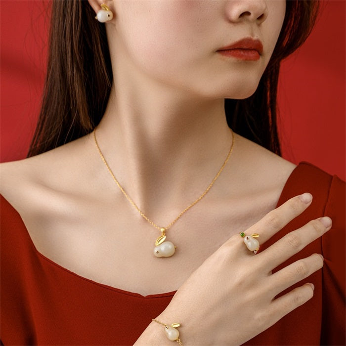 925 Sterling Silver Hetian Jade Lucky Rabbit Jewelry Set