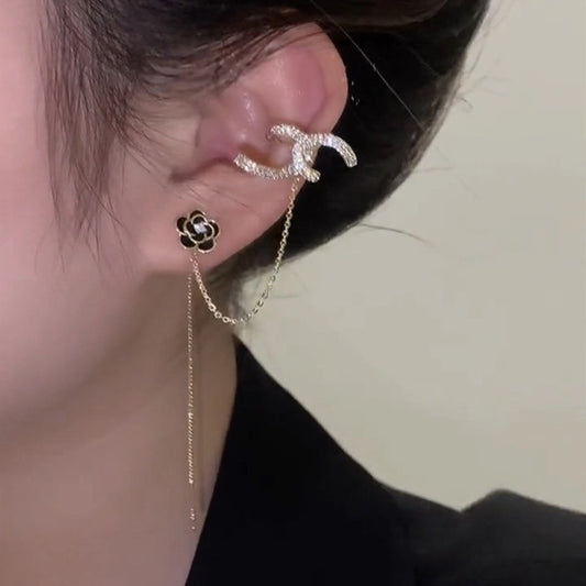 🌸C-Shaped Black Camellia Microset Zircon Earrings