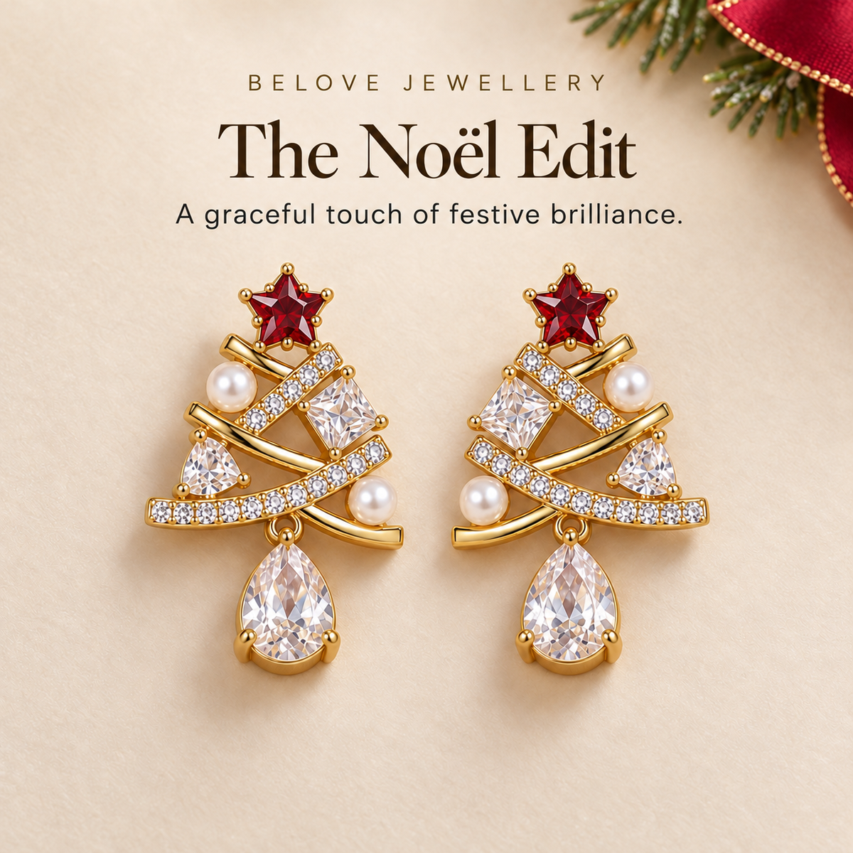Christmas Tree Drop Earrings with Red Star and Teardrop Dangle