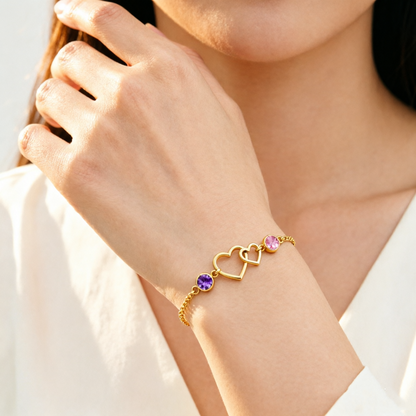 Grandmother&Granddaughter Connected By Heart Double Birthstones Bracelet