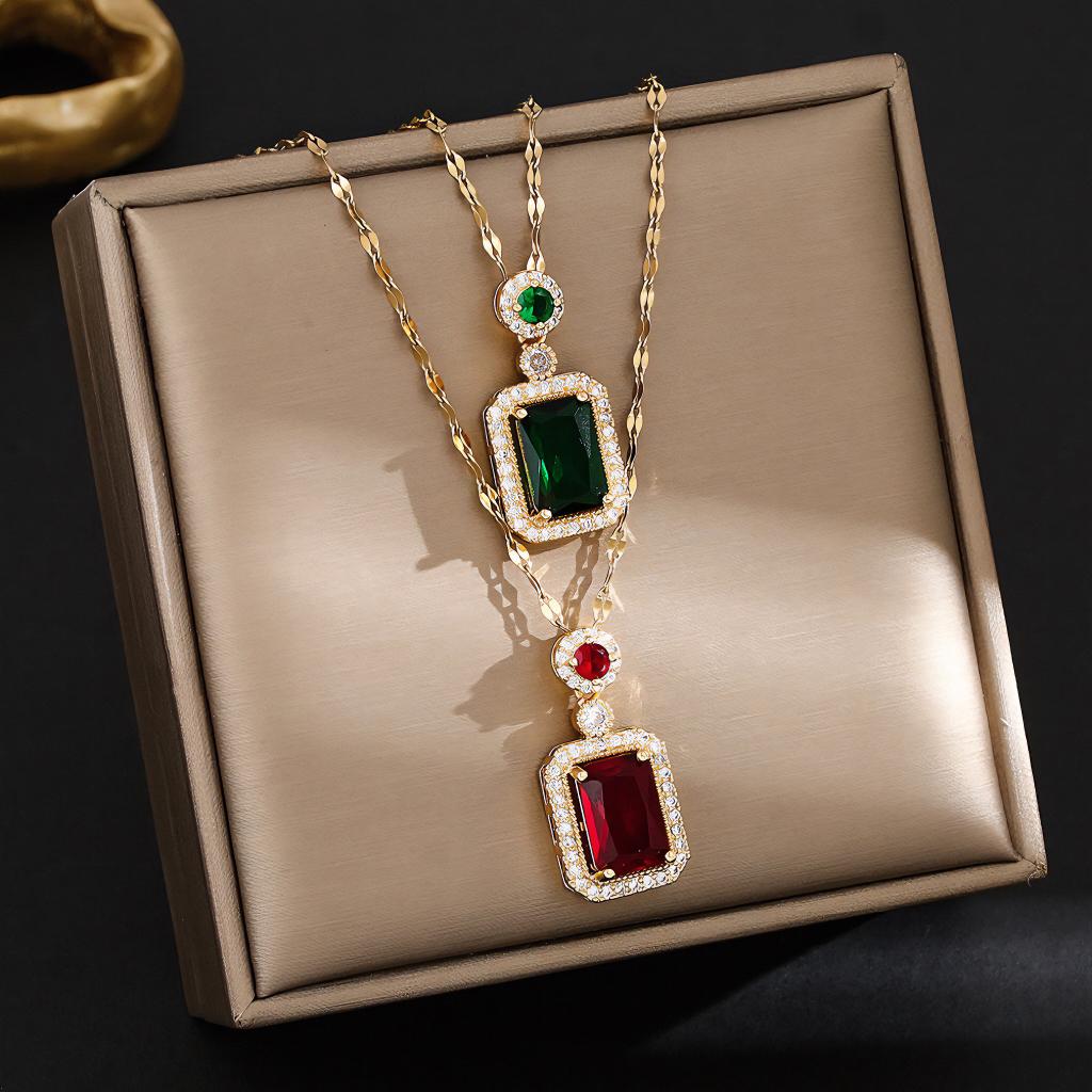 Ruby Red Rectangular Pendant Rose Gold Chain Necklace