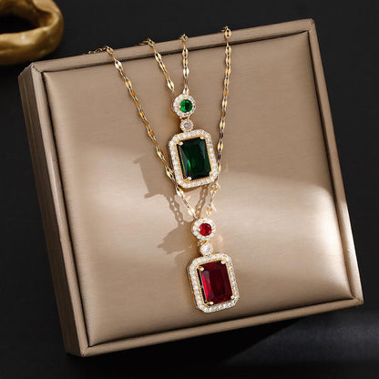 Ruby Red Rectangular Pendant Rose Gold Chain Necklace