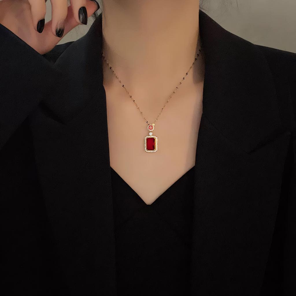 Ruby Red Rectangular Pendant Rose Gold Chain Necklace