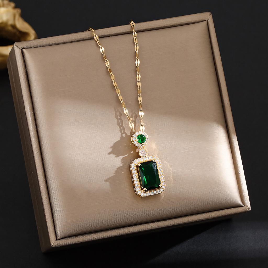 Ruby Red Rectangular Pendant Rose Gold Chain Necklace