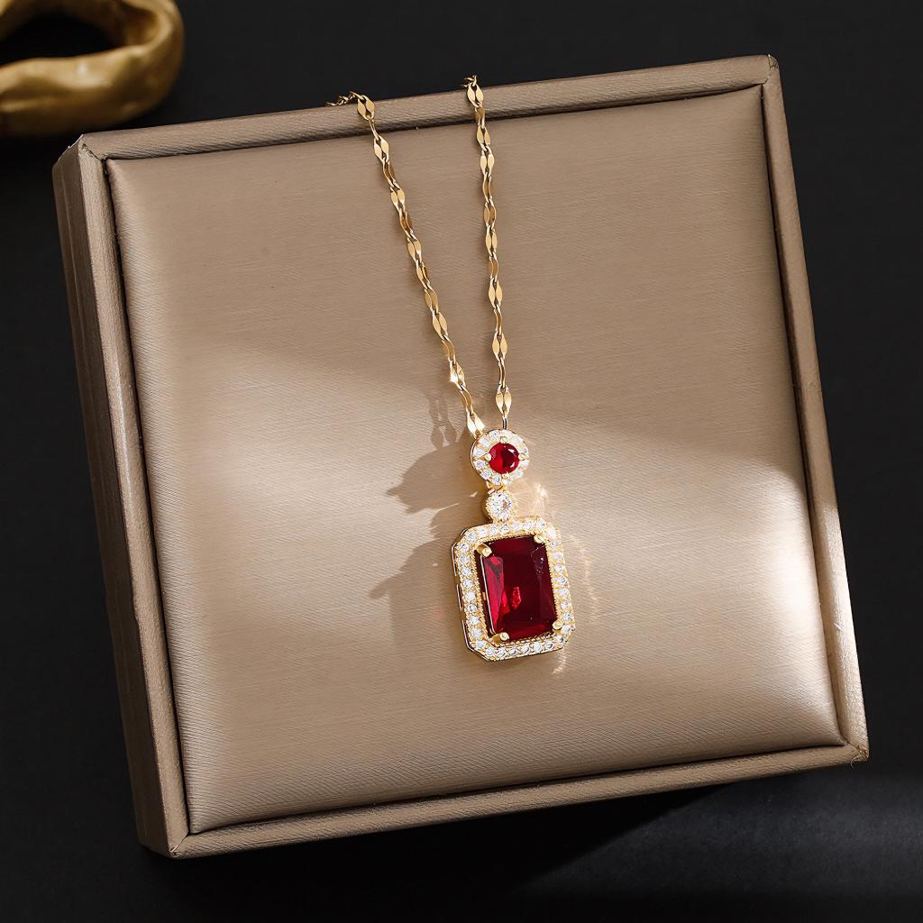 Ruby Red Rectangular Pendant Rose Gold Chain Necklace