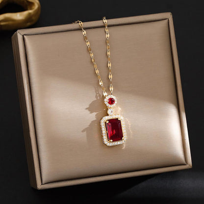 Ruby Red Rectangular Pendant Rose Gold Chain Necklace