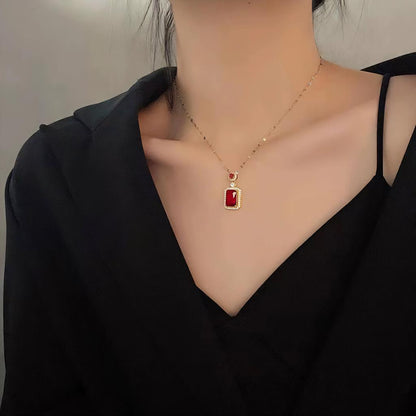 Ruby Red Rectangular Pendant Rose Gold Chain Necklace