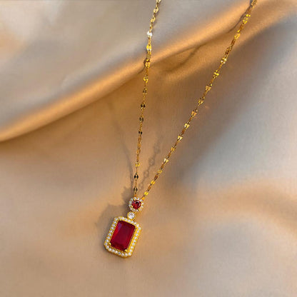 Ruby Red Rectangular Pendant Rose Gold Chain Necklace