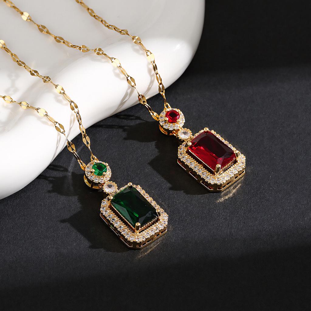 Ruby Red Rectangular Pendant Rose Gold Chain Necklace