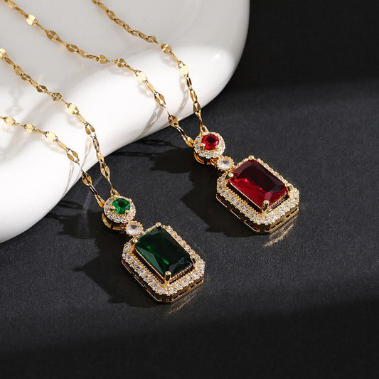 Ruby Red Rectangular Pendant Rose Gold Chain Necklace