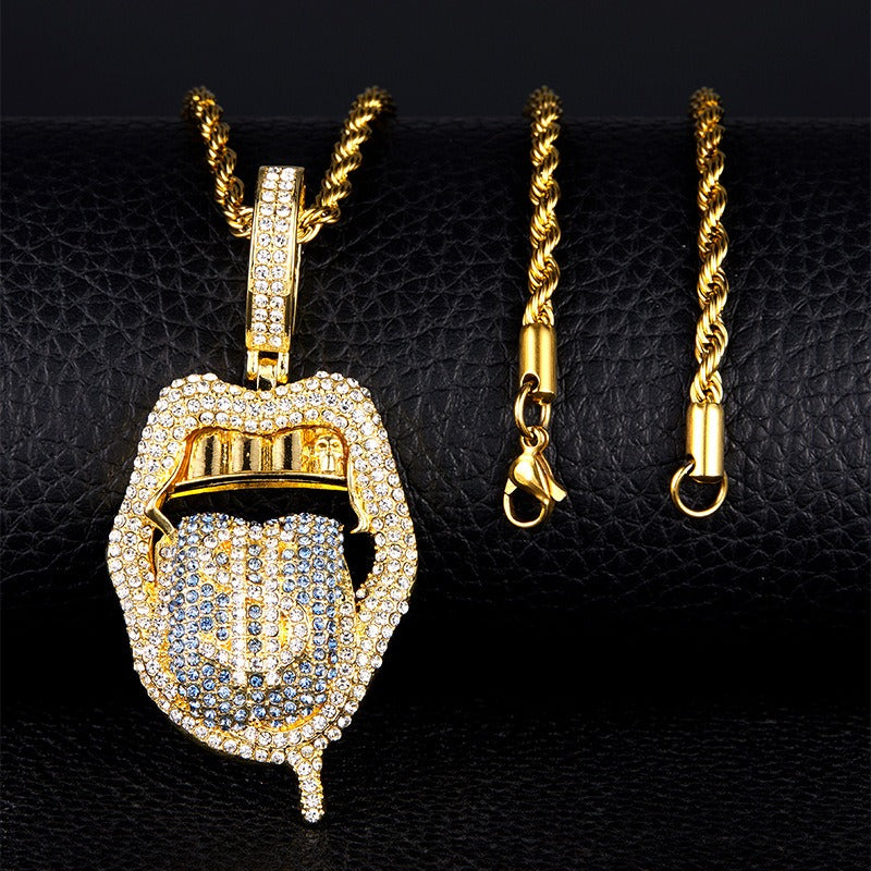 Iced Out Bling CZ Cubic Zirconia Tongue Necklace