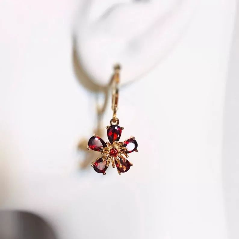 Garnet Flower Dangle Birthstone Earrings | Gift for Her