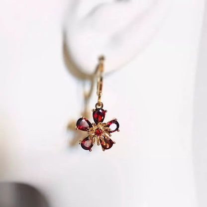 Garnet Flower Dangle Birthstone Earrings | Gift for Her