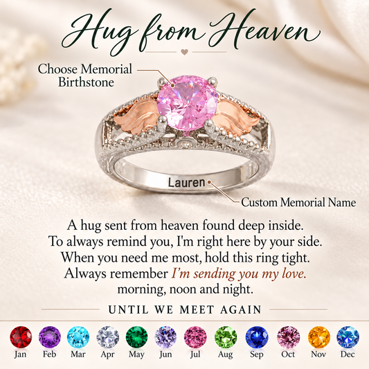Personalized Hug From Heaven Memorial Angel Wings Ring